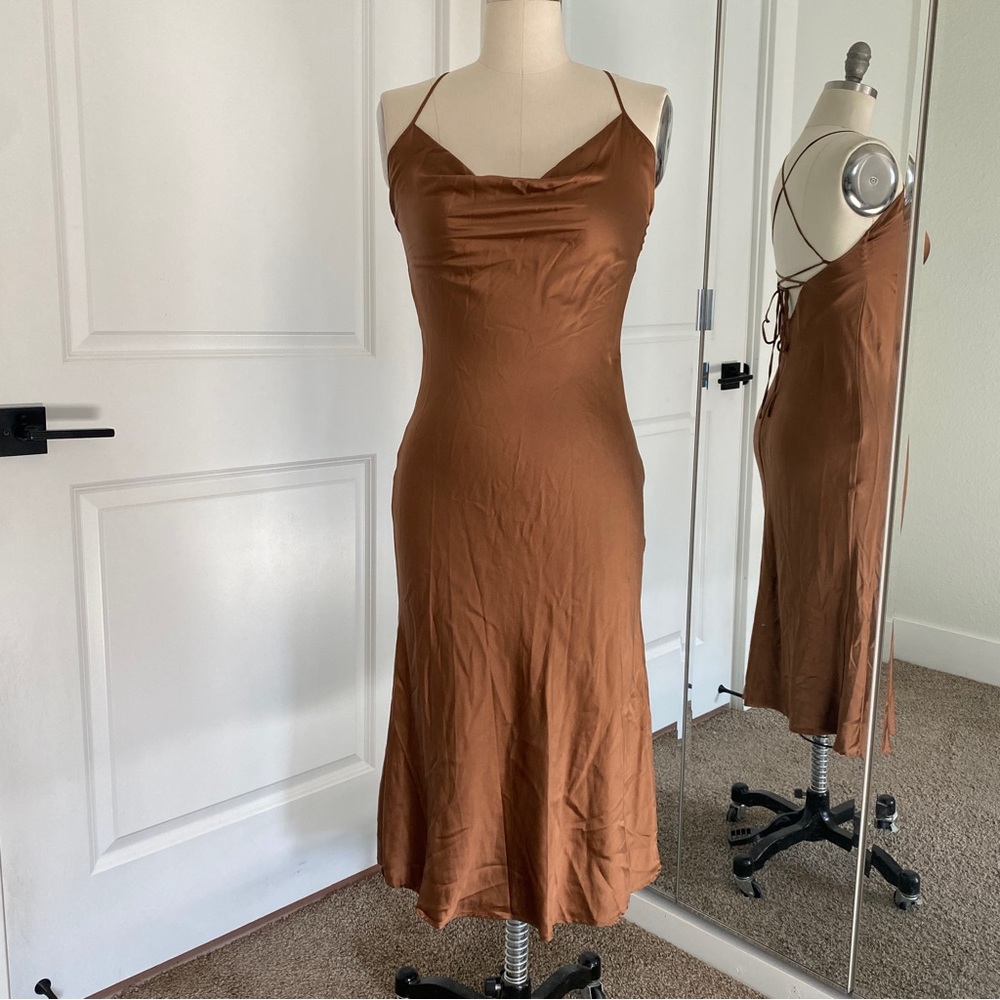 Silk Maison Luxe Brown Cowl Neckline Slip Dress Made from Real Silk